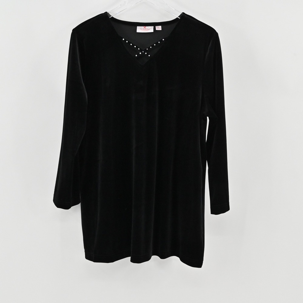 Quacker Factory Velvet Tunic Top Womens Size‎ L Black Rhinestone Holiday Party